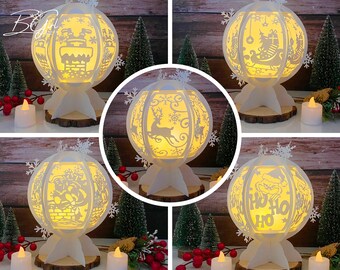Pack 5 Christmas 2 Paper cut Snowball lantern lightbox template, 3D lantern paper cut lightbox svg DIY, cutting Cricut, svg template Cricut