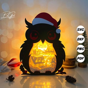 Weihnachtsdorf Eule Box SVG für Cricut Projekte DIY, Papierlaterne für Weihnachtsdekor, Papierschnitt Licht Box