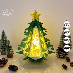 Lanterne de Noël en pin, cerf de Noël, SVG pour projets Cricut DIY, lanterne en papier pour décoration de Noël, boîte lumineuse 2 en papier découpé