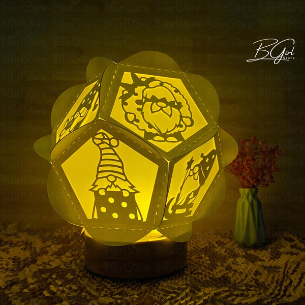 Christmas Gnome paper cut pentagon lantern light box template, 3D lantern paper cut lightbox svg DIY, cutting Cricut, Shadow Box Paper Cut Christmas Gnome paper cut pentagon lantern light box template, 3D lantern paper cut lightbox svg DIY, cutting Cricut, Shadow Box Paper Cut