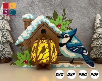 Blue Jay Bird Lantern PDF, SVG, Studio Template - DIY Christmas Paper Cut Template - Christmas Lantern for Home Decorations