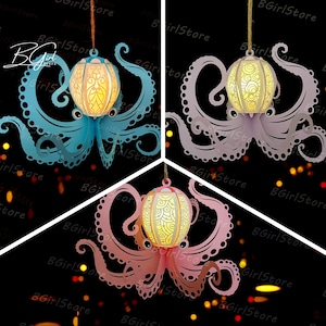 Pack de 3 linternas de pulpo (PDF, SVG, plantilla de estudio) - Plantilla de corte de papel para linterna de pulpo DIY - Linterna de pulpo para decoración de animales