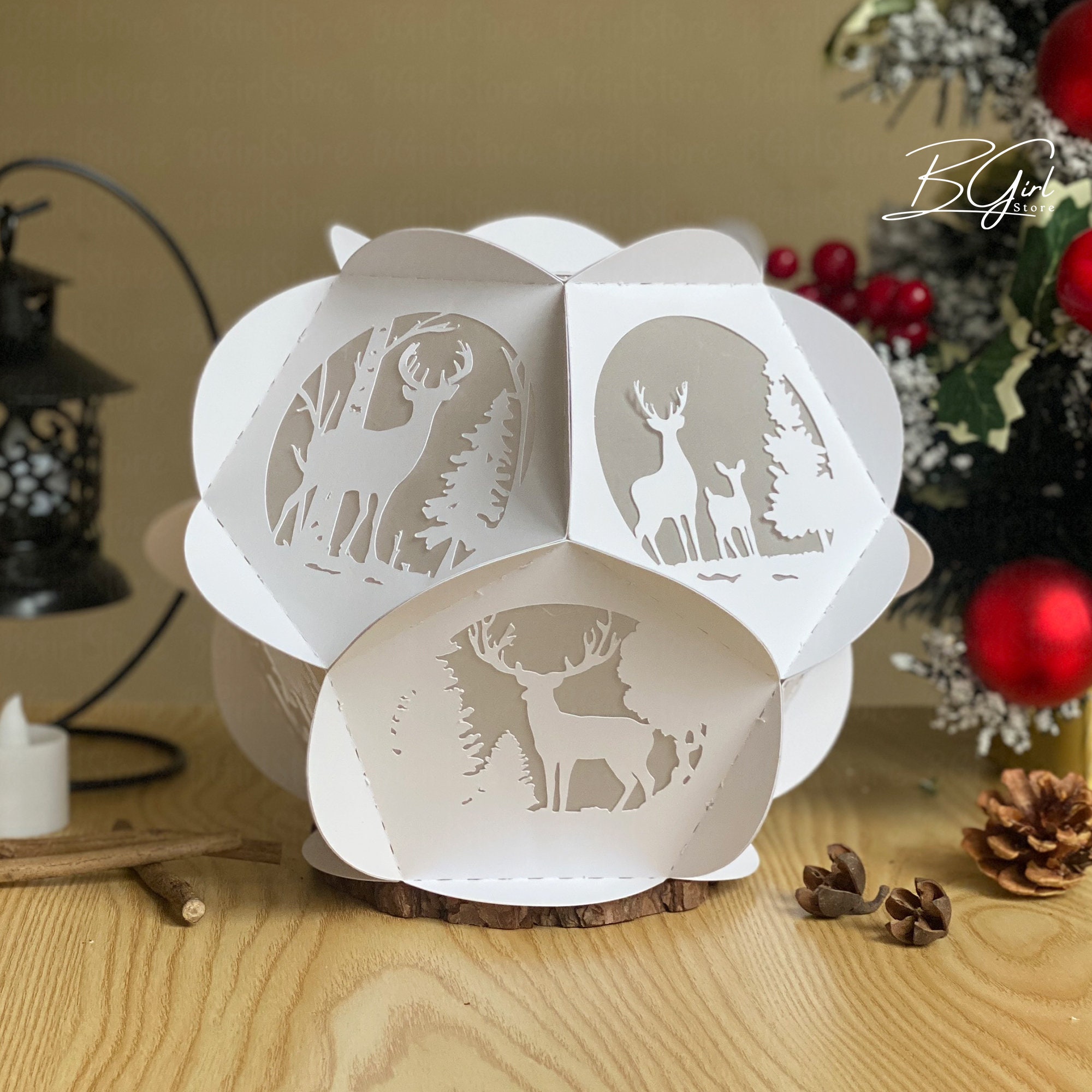 Deer Paper Cut Pentagon Lantern Light Box Template, 3D Lantern Paper ...