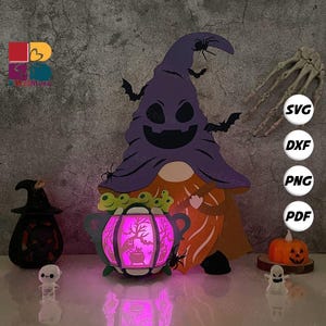 Gnome Halloween Lantern PDF, SVG, Studio Template - DIY Halloween Paper Cut Template - Halloween Lantern for Halloween Decorations 2