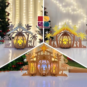 Könnte beinhalten: Dreiteilige Weihnachtskrippe mit warmem, einladendem Glanz. Die lasergeschnittenen Holzdesigns zeigen Engel, Palmen und einen Stern, mit einer zentralen beleuchteten Kugel, die die Geburt Christi darstellt. Das Farbschema ist warmes Braun und Gelb.