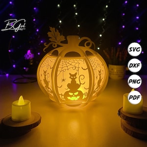 Zucche di Halloween con gatti, lanterne di Halloween in formato SVG per progetti Cricut fai da te, lanterne di carta per decorazioni di Halloween, light box di carta ritagliata