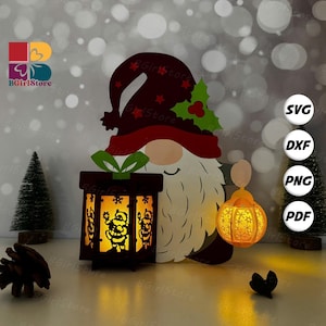 Gnome Xmas 3 Lantern PDF, SVG, Studio Template - DIY Christmas Paper Cut Template - Christmas Lantern for Home Decorations