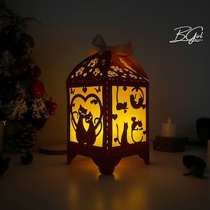 Modèle de caisson lumineux lanterne en papier découpé couple chat, modèle svg Cricut, découpe Cricut, lanterne 3D papier découpé fichier svg lightbox bricolage