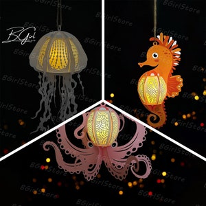 Pack 3 verschillende waterdieren lantaarn pdf, SVG, studio sjabloon - DIY oceaan papier gesneden sjabloon - oceaanlantaarn voor dierendecoraties 9