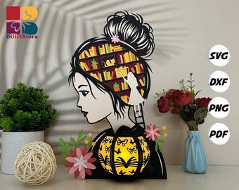 Girl Loves Books Lantern PDF, SVG, Studio Template - DIY Valentine Paper Cut Template - Valentine Lantern for Valentine Decorations