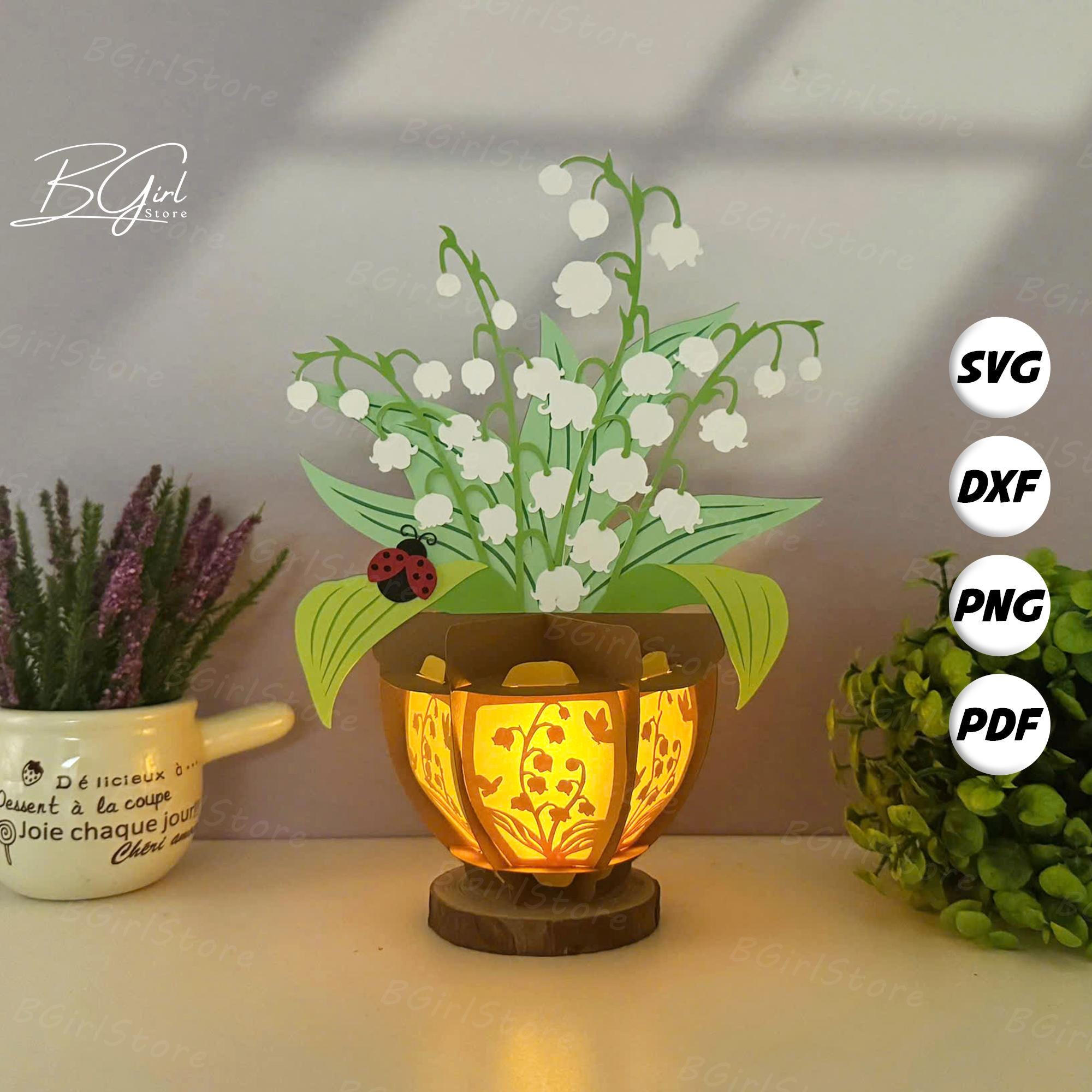 Flower Pot Lily Of The Valley Lantern PDF, SVG, Studio Template - DIY Flower Paper Cut Template - Plant Lantern for Home Decorations