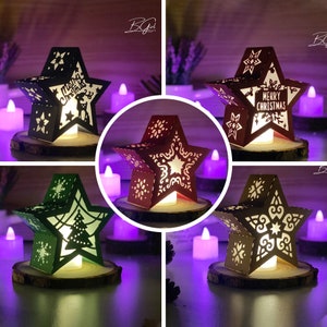 Confezione da 5 modelli di lanterna luminosa a forma di stella in carta tagliata di Natale, lanterna 3D in carta tagliata lightbox in formato SVG fai da te, taglio Cricut, Shadow Box Paper Cut