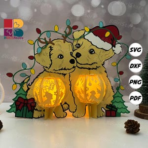 Couple Dog Xmas Lantern PDF, SVG, Studio Template - DIY Christmas Paper Cut Template - Christmas Lantern for Home Decorations