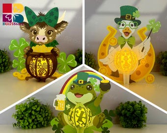 Pack 3 Animal St. Patrick’s Day Lantern PDF, SVG, Studio Template - DIY Patrick Day Paper Cut Template - Patrick Lantern for Home Decoration