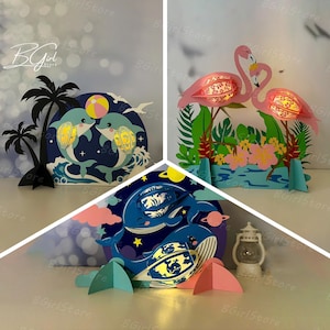 Set van 3 verschillende dierenparen 2 lantaarn pdf, SVG, studiosjabloon - sjabloon voor DIY-kruispapier gesneden - kruislantaarn voor huisdecoratie