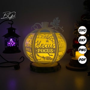 Calabazas de Hocus Pocus, linterna de Halloween SVG para proyectos de Cricut, linterna de papel para decoración de Halloween, caja de luz de papel cortado