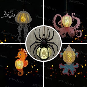 Lot de 5 lanternes de créatures aquatiques différentes PDF, SVG, modèle Studio - DIY océan papier découpé modèle - Lanterne océan pour décorations animales 3