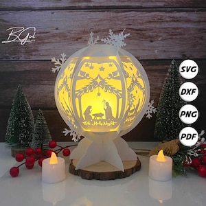 Kerststal papier gesneden sneeuwbal lantaarn lichtbak sjabloon, 3D lantaarn papier gesneden lichtbak svg-bestand DIY, snijden Cricut, svg sjabloon Cricut