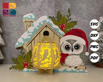 Owl Lantern PDF, SVG, Studio Template - DIY Christmas Paper Cut Template - Christmas Lantern for Home Decorations 5