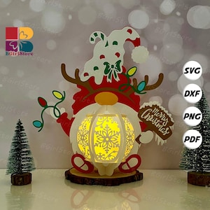 Gnome Xmas Lantern PDF, SVG, Studio Template - DIY Christmas Paper Cut Template - Christmas Lantern for Home Decorations