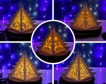Pack 5 Christmas 1 Pine Christmas Lantern SVG For Cricut Projects DIY, Paper Lantern For Christmas Decor, Paper Cut Light Box