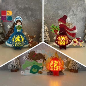 Pack 3 Winter Girl Lantern PDF, SVG, Studio Template - DIY Christmas Paper Cut Template - Christmas Lantern for Home Decorations