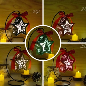 Pack 5 Christmas 2 paper cut star lantern light box template, 3D lantern paper cut lightbox svg DIY, cutting Cricut, Shadow Box Paper Cut