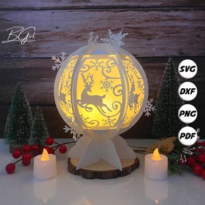 Cerf de Noël papier découpé modèle lightbox lanterne boule de neige, 3D lanterne papier découpé lightbox svg fichier DIY, découpe Cricut, modèle svg Cricut