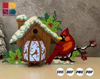 Cardinal Bird Lantern PDF, SVG, Studio Template - DIY Christmas Paper Cut Template - Christmas Lantern for Home Decorations 2