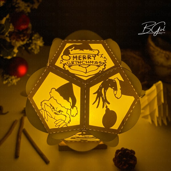 Christmas paper cut pentagon lantern light box template, 3D lantern paper cut lightbox svg file DIY, cutting Cricut, Shadow Box Paper Cut