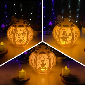 Pack 3 Halloween 4 Kürbisse Halloween Laterne SVG für Cricut Projekte DIY, Papierlaterne für Halloween Dekor, Papierschnitt Licht Box