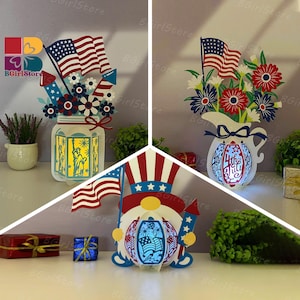 Pacote com 3 Lanternas de 4 de Julho em PDF, SVG, Modelo de Estúdio - Modelo de Recorte de Papel para o Dia da Independência - Lanterna Federal para Decoração de Casa