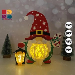 Gnome Xmas 2 Lantern PDF, SVG, Studio Template - DIY Christmas Paper Cut Template - Christmas Lantern for Home Decorations