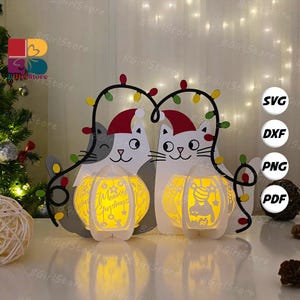 Couple Cat Xmas Lantern PDF, SVG, Studio Template - DIY Christmas Paper Cut Template - Christmas Lantern for Home Decorations