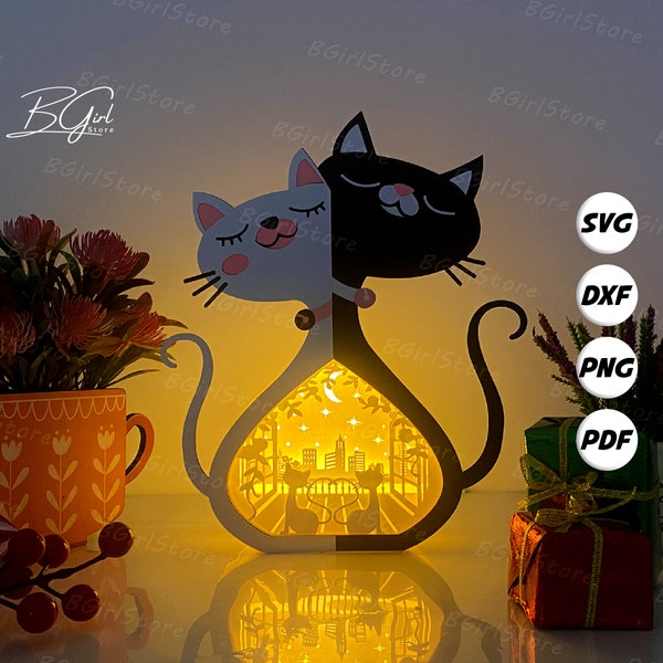 Modèle de boîte d'amour de chat en papier découpé Cat Love, lanterne 3D en papier découpé lightbox svg DIY, découpe Cricut, Shadow Box Paper Cut