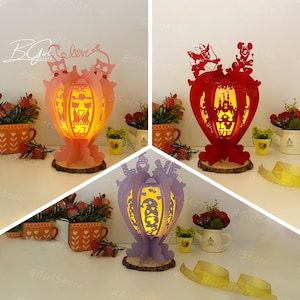 Paquete de 3 plantillas de corazón de linterna de papel recortado de San Valentín, caja de luz de papel recortado de linterna 3D SVG DIY, corte Cricut, corte de papel de caja de sombra 2