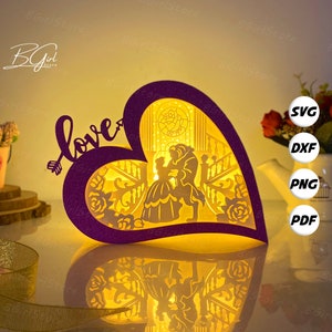 Plantilla de caja de amor recortada con papel de bestia, caja de luz recortada con papel de linterna 3D SVG DIY, corte Cricut, corte de papel de caja de sombra