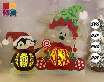 Dog And Penguin Christmas Lantern PDF, SVG, Studio Template - DIY Christmas Paper Cut Template - Christmas Lantern for Home Decorations