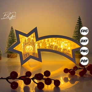Boîte à étoiles de cheminée de Noël SVG pour projets Cricut DIY, boîte à étoiles en papier pour décoration de Noël, boîte à lumière en papier découpé