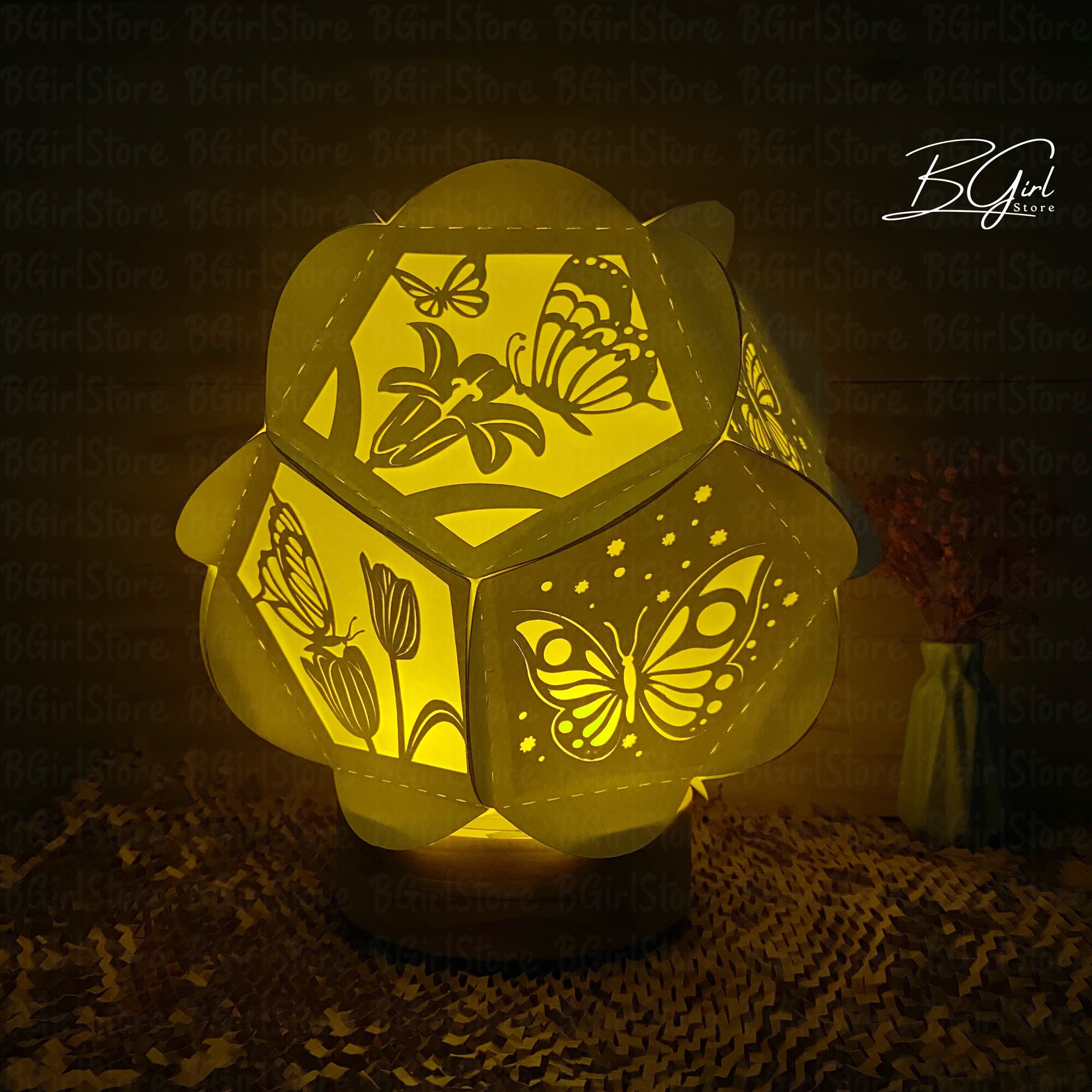 蝶の切り絵五角形ランタンライトボックステンプレート、3D