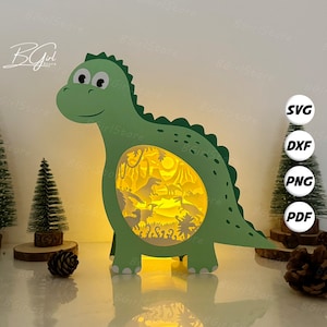 Plantilla de caja de dinosaurios recortados en papel de 3 dinosaurios, caja de luz recortada en papel con linterna 3D SVG DIY, corte Cricut, corte de papel con caja de sombras