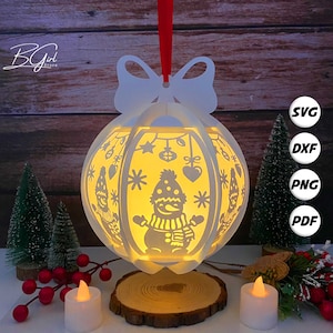 Noël bonhomme de neige papier découpé globe lanterne modèle lightbox, 3D lanterne papier découpé lightbox svg fichier DIY, découpe Cricut, modèle svg Cricut