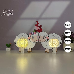 Lanterna a forma di coppia di pecore in formato PDF, SVG, modello da studio - Modello fai da te in carta ritagliata a forma di pecora - Lanterna a forma di pecora per decorazioni di San Valentino