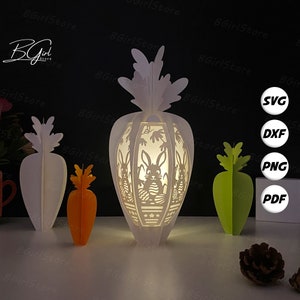 Pâques 3 modèle de lanterne carotte en papier découpé, lanterne 3D en papier découpé lightbox svg DIY, découpe Cricut, Shadow Box Paper Cut