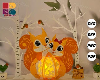 Squirrel Couple Lantern PDF, SVG, Studio Template - DIY Valentine Paper Cut Template - Valentine Lantern for Home Decorations