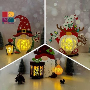 Pack 3 Gnome Xmas  Lantern PDF, SVG, Studio Template - DIY Christmas Paper Cut Template - Christmas Lantern for Home Decorations