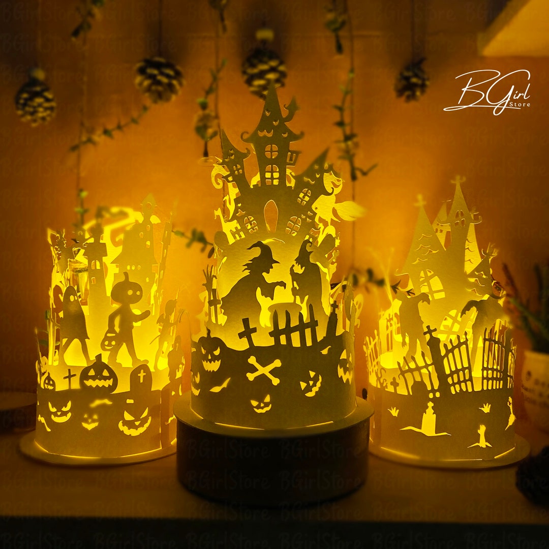 Pack 3 Halloween Paper Cut Dome Lantern Light Box Template, 3D Lantern