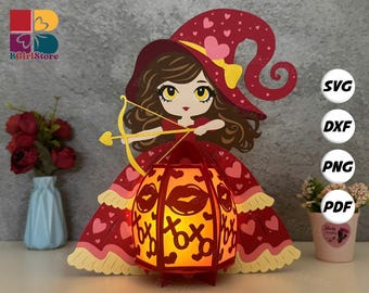 Girl Valentine Lantern SVG For Cricut Projects DIY, Paper Lantern For Valentine Decor, Paper Cut Light Box 1