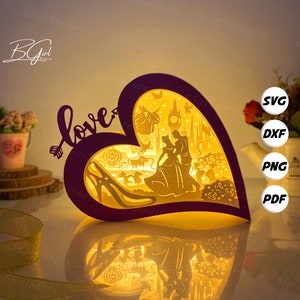 Plantilla de caja de amor recortada en papel de Cenicienta, caja de luz recortada en papel con linterna 3D SVG DIY, corte Cricut, corte de papel con caja de sombras