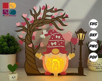 Gnome Valentine Lantern PDF, SVG, Studio Template - DIY Valentine Paper Cut Template - Valentine Lantern for Valentine Decorations